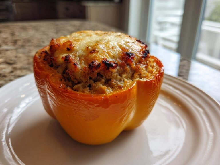 A single, perfectly baked Keto Creamy Italian Sausage Stuffed Pepper with a golden, melted cheese topping.
