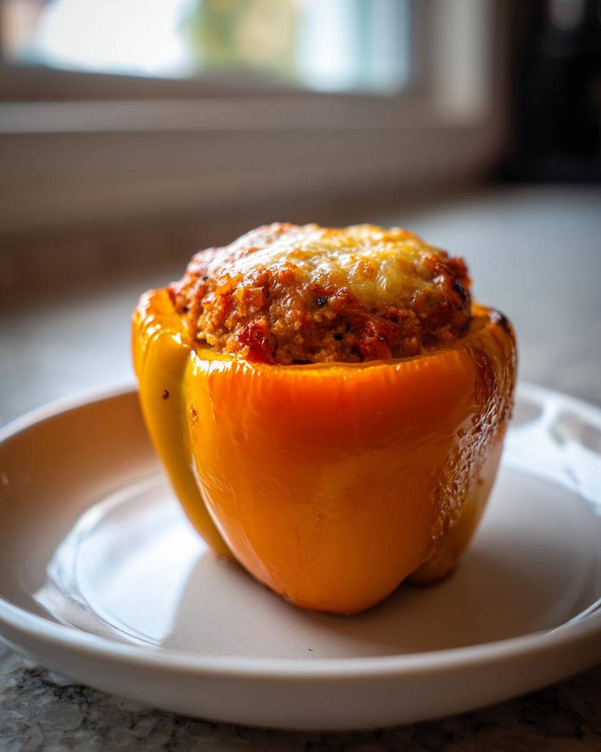 A single, bright yellow Keto Creamy Italian Sausage Stuffed Pepper topped with melted cheese on a white plate.