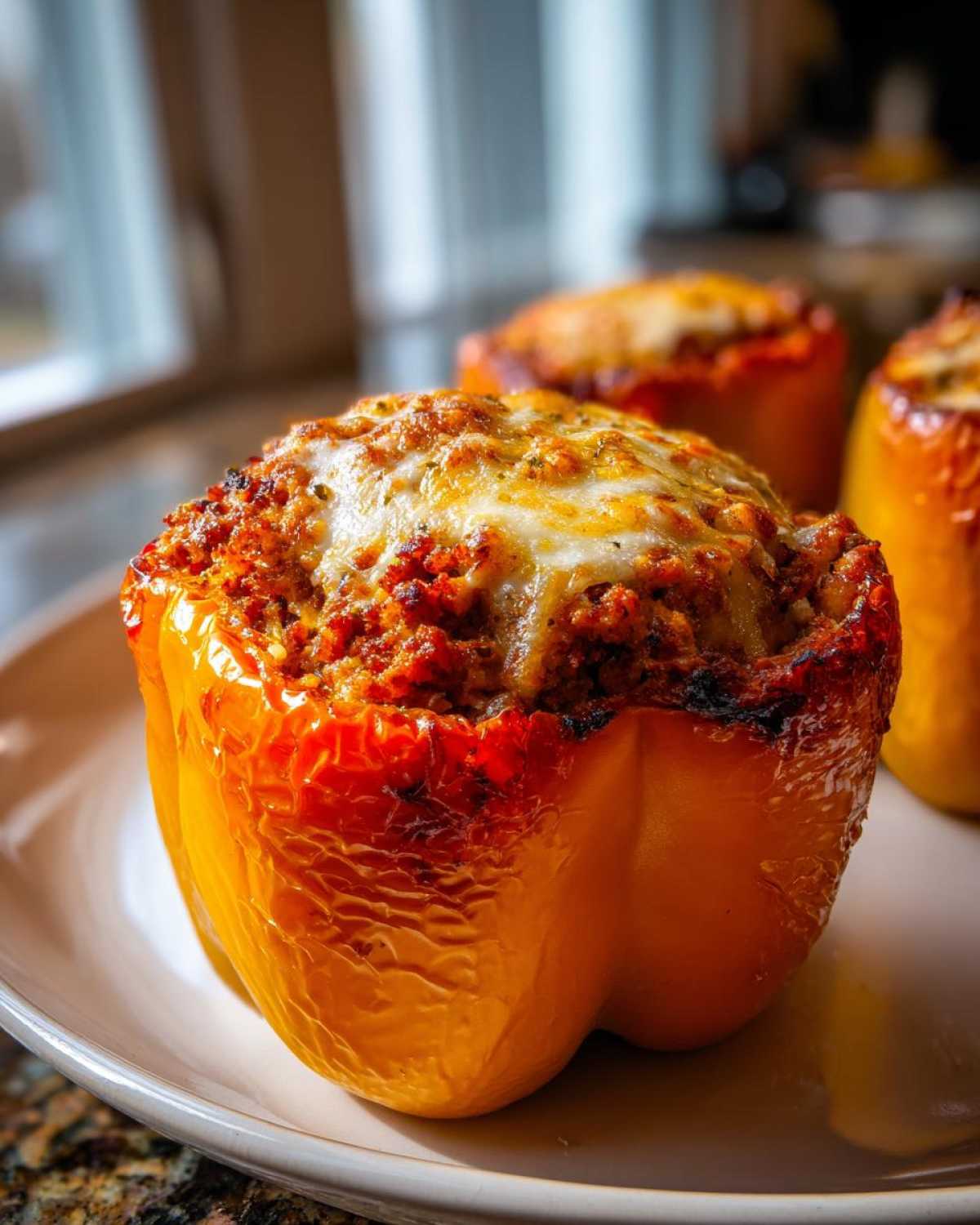 A close-up of a baked yellow bell pepper filled with creamy Italian sausage stuffing and topped with melted cheese, part of the Keto Creamy Italian Sausage Stuffed Peppers recipe.