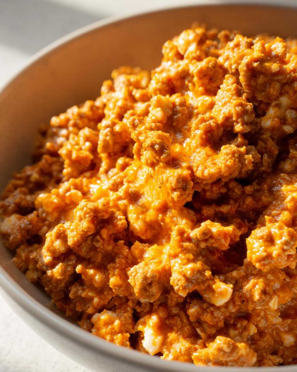 A close-up, brightly lit photo of the rich, orange-hued Keto Creamy Taco Skillet with Cauliflower Rice mixture in a bowl.