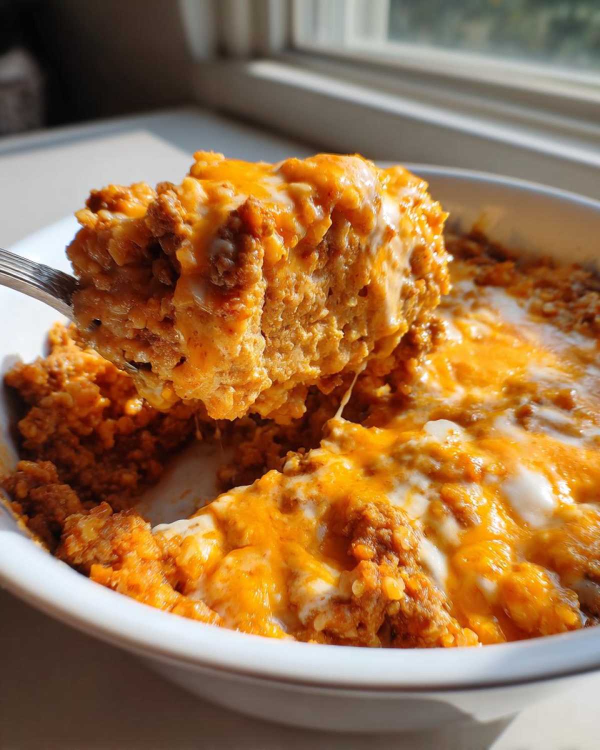 A spoonful of rich, cheesy Keto Creamy Taco Skillet with cauliflower rice being lifted from a white bowl.