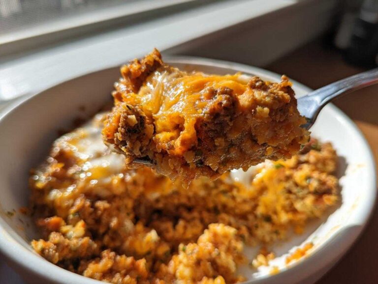 Close-up of a spoonful of Keto Creamy Taco Skillet with Cauliflower Rice, showing ground meat, cheese, and rice texture.