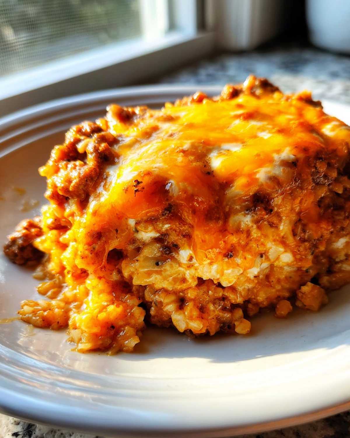 A close-up serving of Keto Creamy Taco Skillet with cauliflower rice topped with melted cheddar cheese.