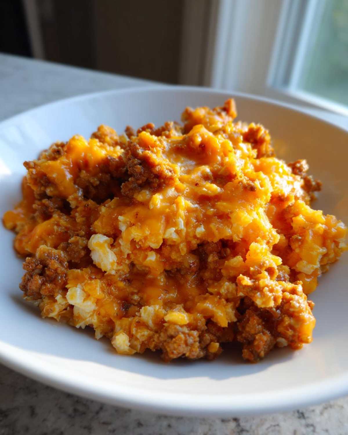 Close-up of a cheesy, meaty portion of Keto Creamy Taco Skillet with Cauliflower Rice served in a white bowl.