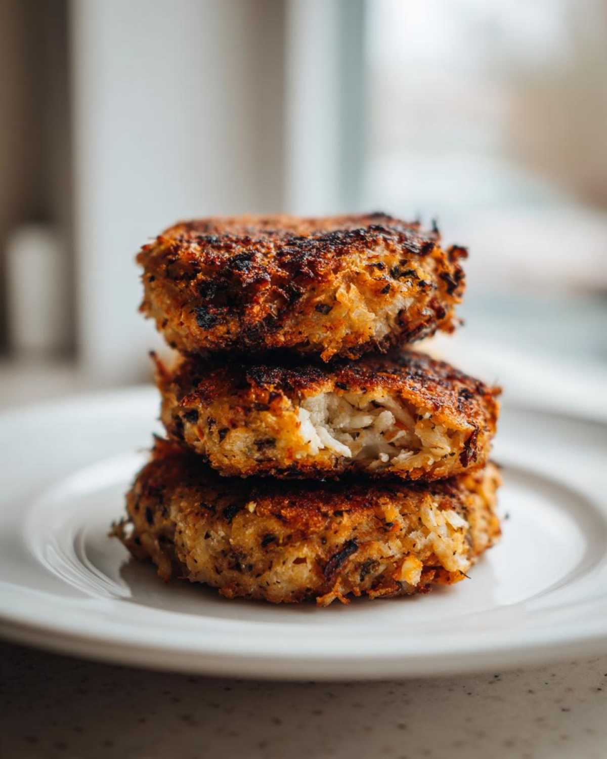 Three golden-brown, crispy Keto Crispy Cauliflower Hash Browns stacked on a white plate.