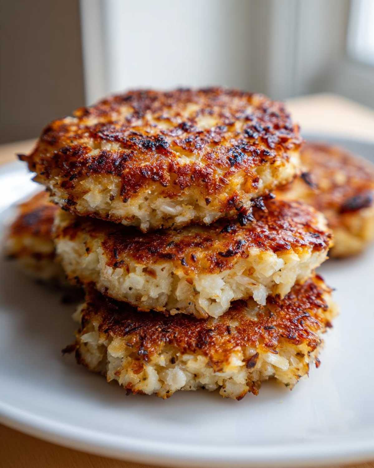 A stack of three golden-brown, crispy Keto Crispy Cauliflower Hash Browns on a white plate.
