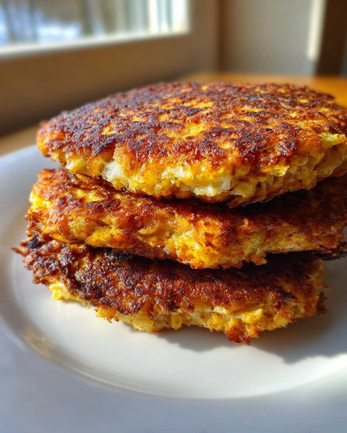 A stack of three golden-brown, crispy Keto Crispy Cauliflower Hash Browns on a white plate.