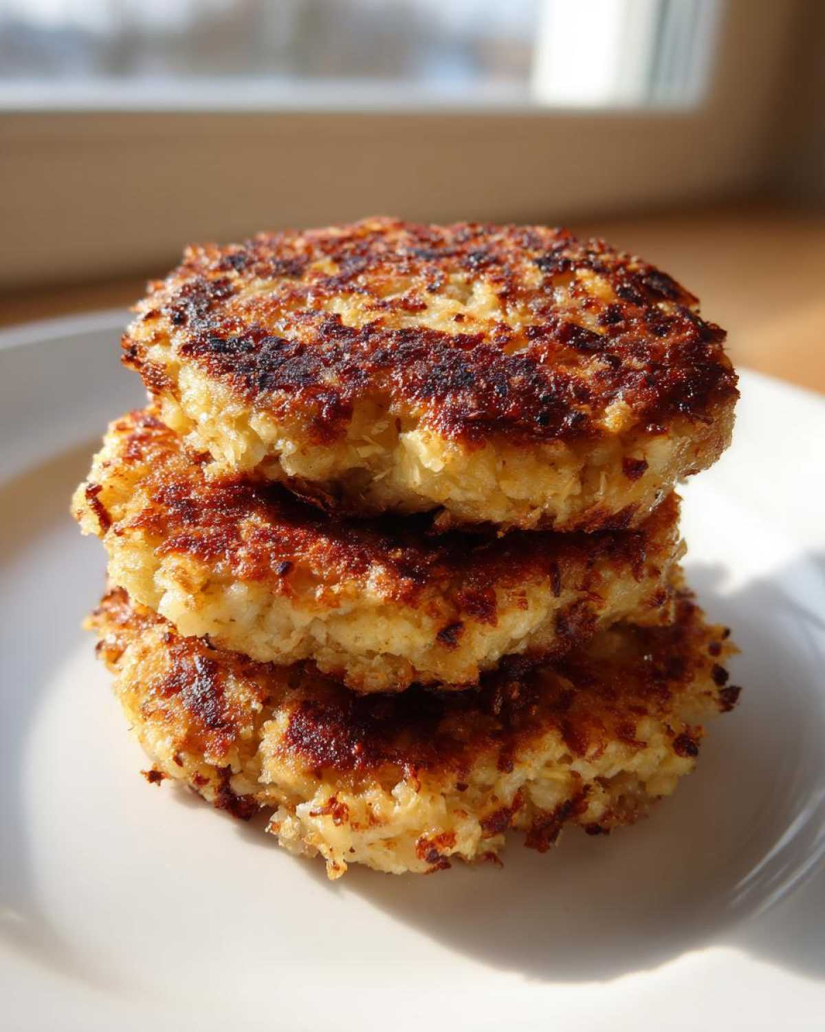 Three golden-brown, crispy Keto Crispy Cauliflower Hash Browns stacked on a white plate.