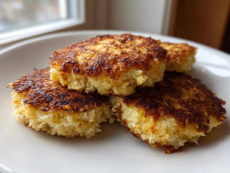 A stack of four golden-brown, crispy Keto Crispy Cauliflower Hash Browns on a white plate.