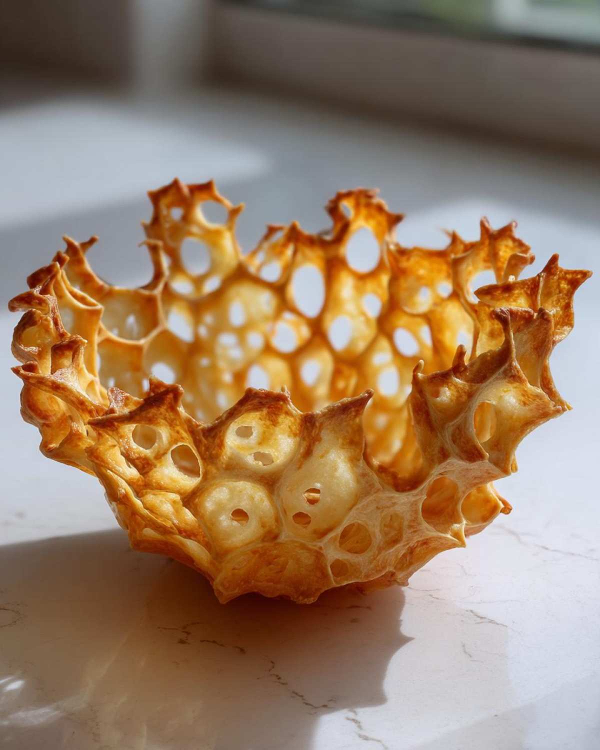 A single, crispy, golden-brown Keto Crispy Cheese Taco Shell Bowl with a honeycomb texture.