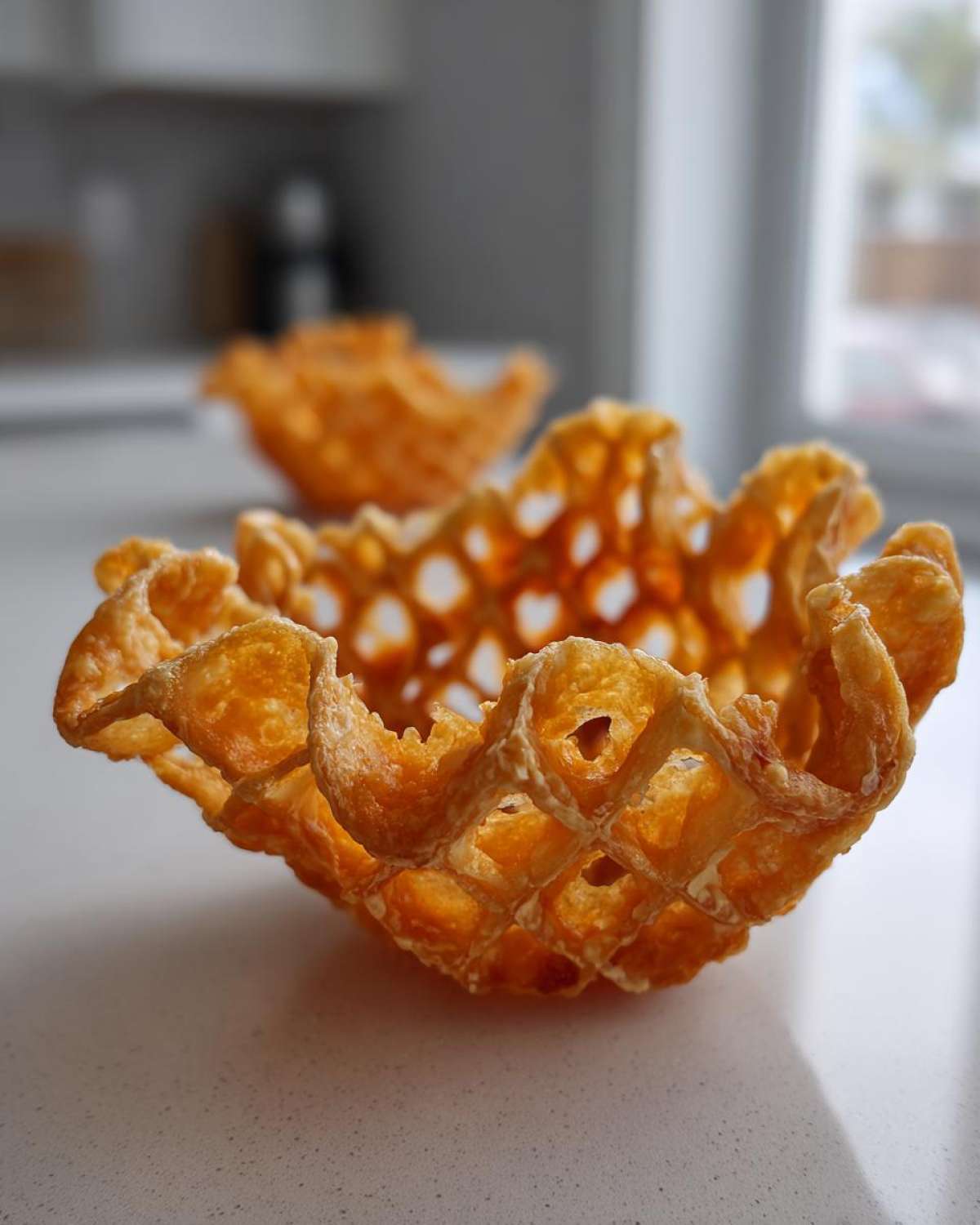 Close-up of a golden, crispy Keto Crispy Cheese Taco Shell Bowl with a lattice texture.