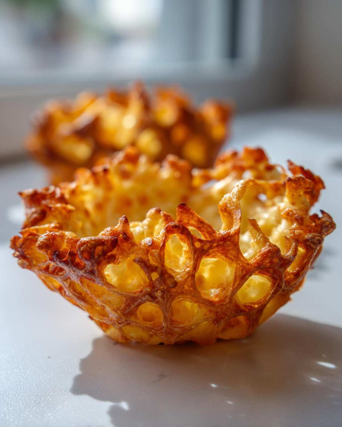 A close-up of a golden brown, crispy Keto Crispy Cheese Taco Shell Bowl with a lacy, porous texture.