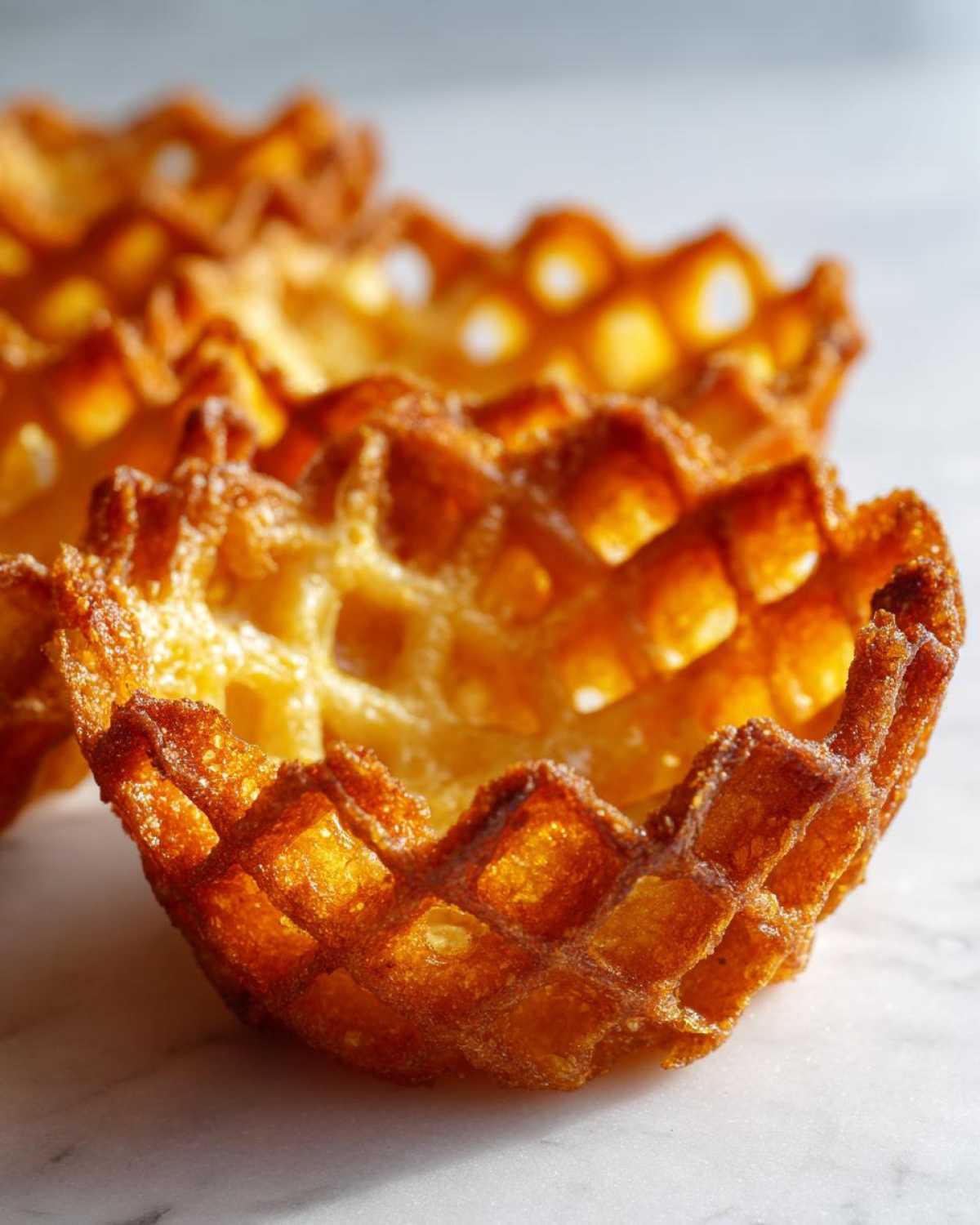 Close-up of golden brown, crispy Keto Crispy Cheese Taco Shell Bowls with a waffle-like texture.