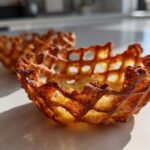 Close-up of a golden brown, crispy Keto Crispy Cheese Taco Shell Bowl with a lattice texture.