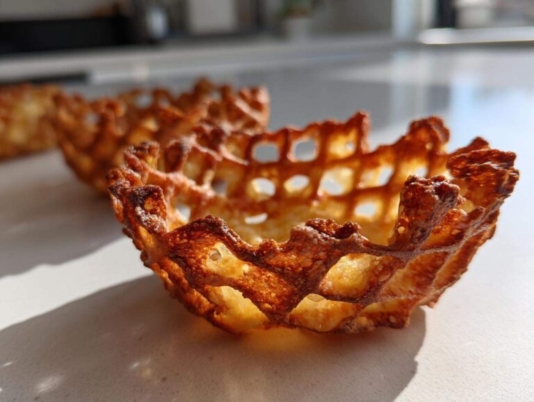 Close-up of a golden brown, crispy Keto Crispy Cheese Taco Shell Bowl with a lattice texture.