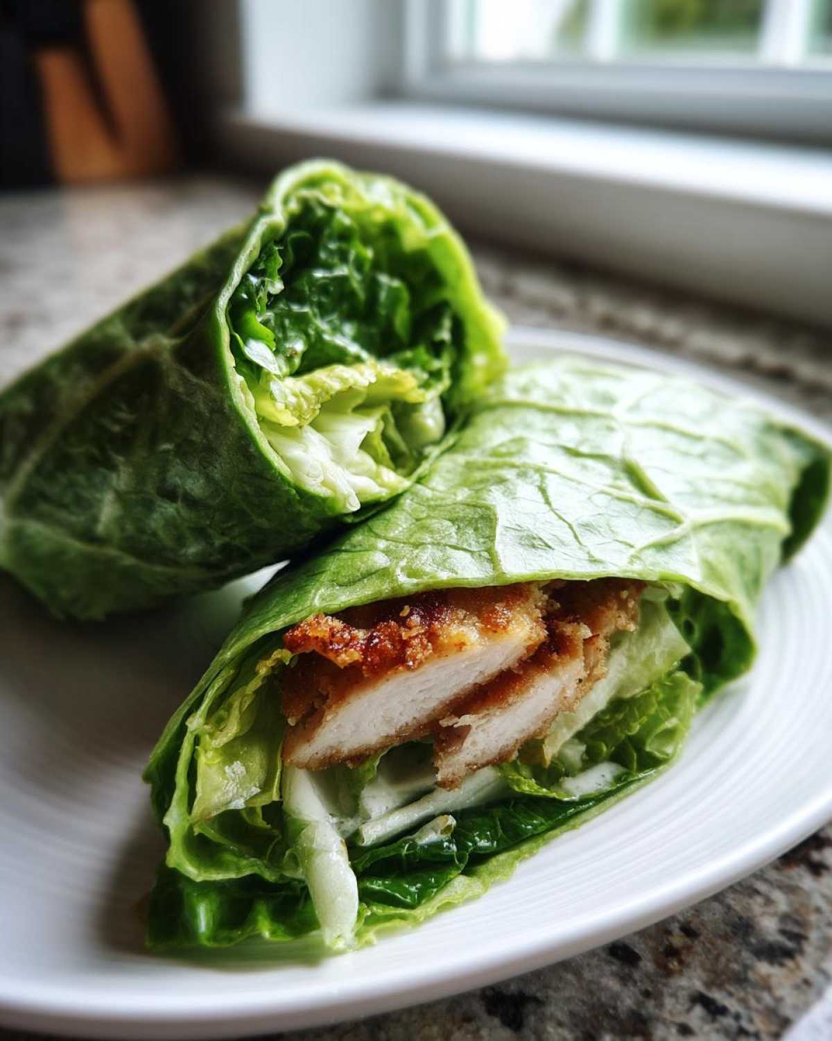 Two halves of a Keto Crispy Chicken Caesar Salad Wrap, featuring crispy chicken slices inside a large lettuce leaf.