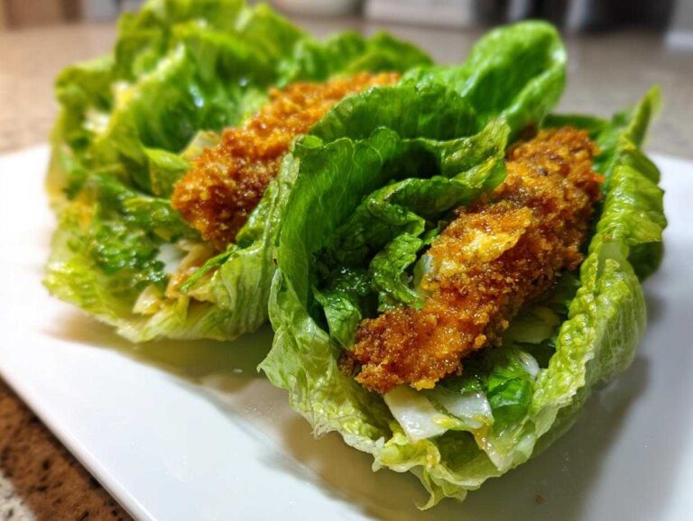 Two Keto Crispy Chicken Caesar Salad Wraps made with romaine lettuce cups filled with crispy chicken tenders and dressing.