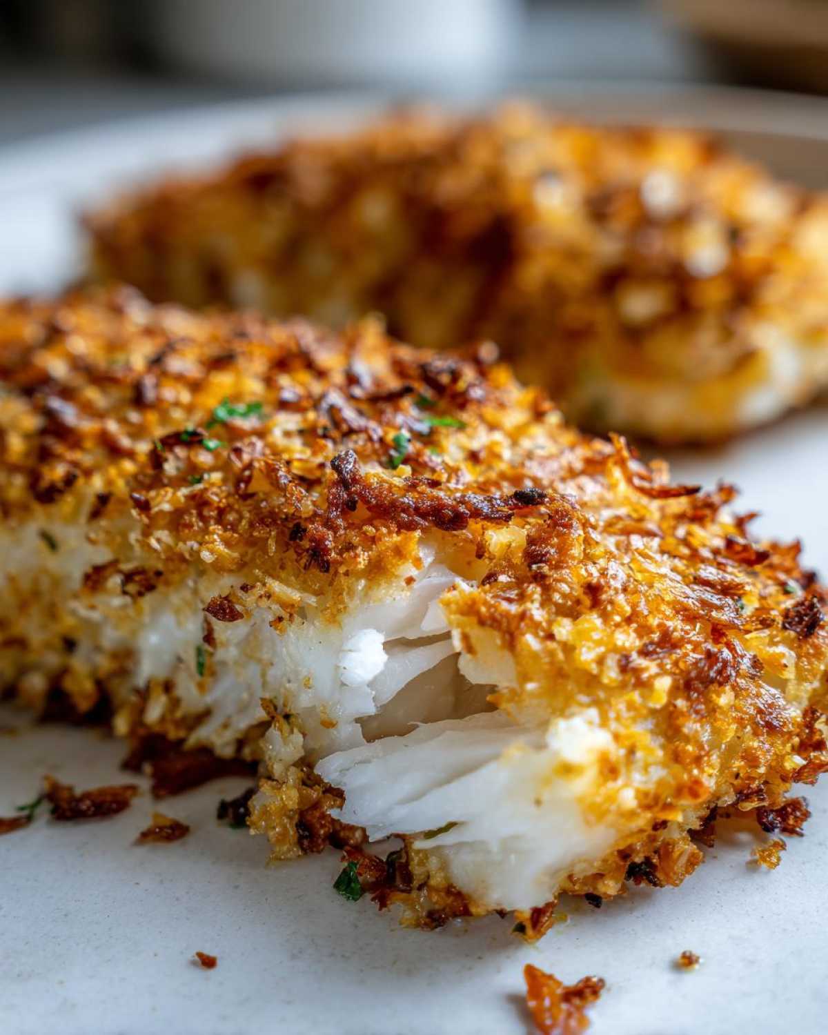Close-up of a flaky white piece of Keto Crispy Parmesan Crusted Cod showing the golden-brown crust.