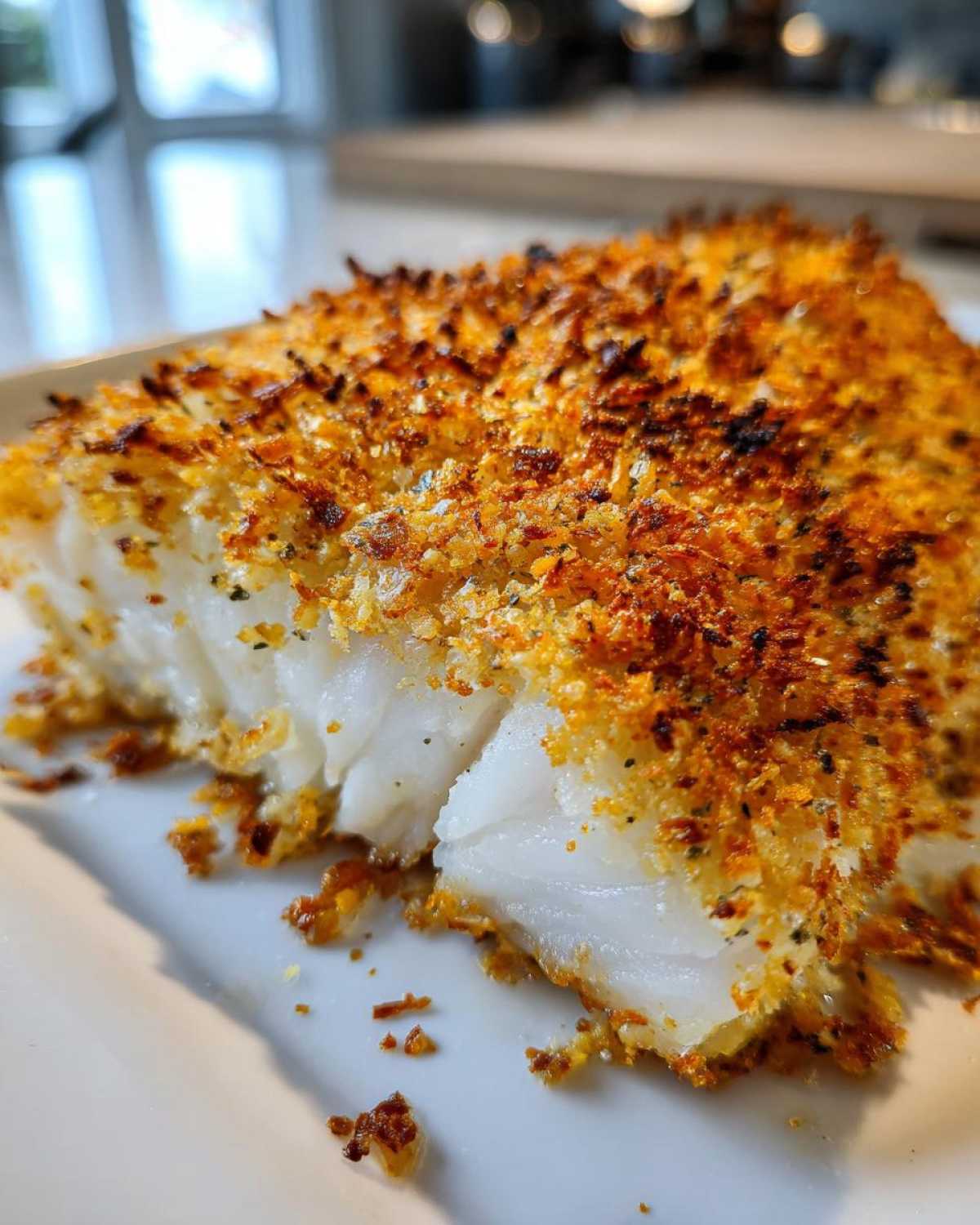 Close-up showing the flaky white interior of a perfectly cooked Keto Crispy Parmesan Crusted Cod fillet with a golden, crunchy topping.