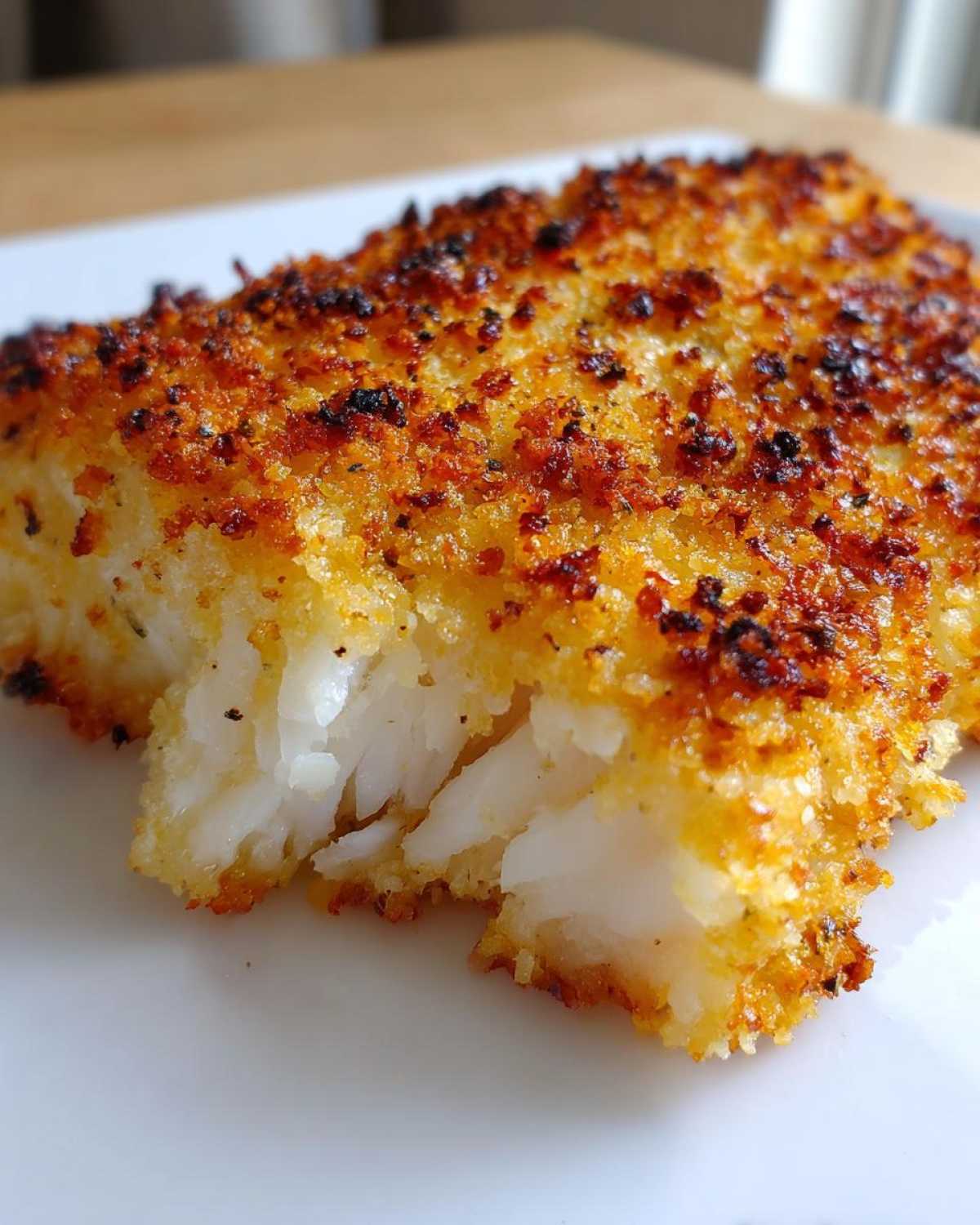 Close-up of a flaky white fish fillet with a golden-brown, crispy Keto Crispy Parmesan Crusted Cod topping.