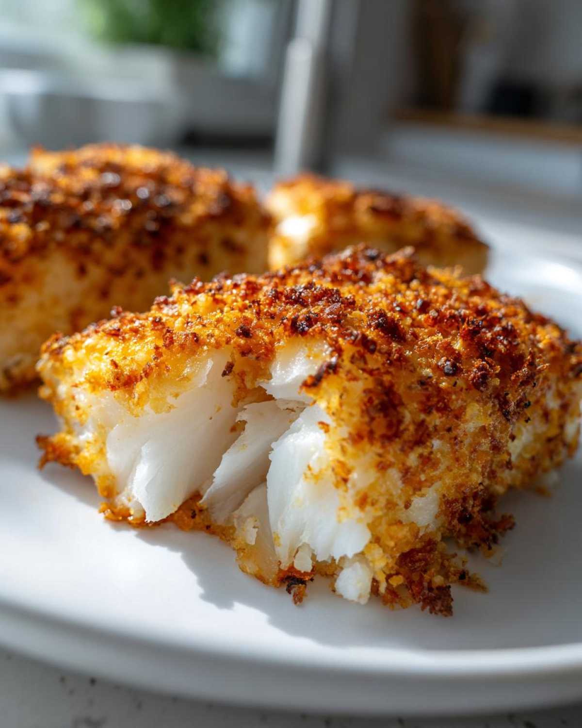 Close-up of a flaky white fish fillet showing the interior texture, topped with a golden brown Keto Crispy Parmesan Crusted Cod topping.
