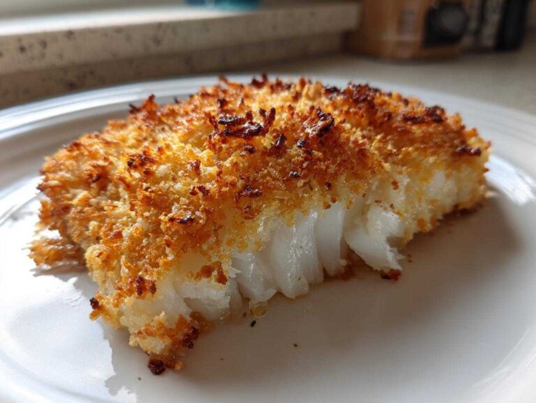 Close-up of a flaky white cod fillet with a golden brown, crispy Keto Crispy Parmesan Crusted Cod topping.