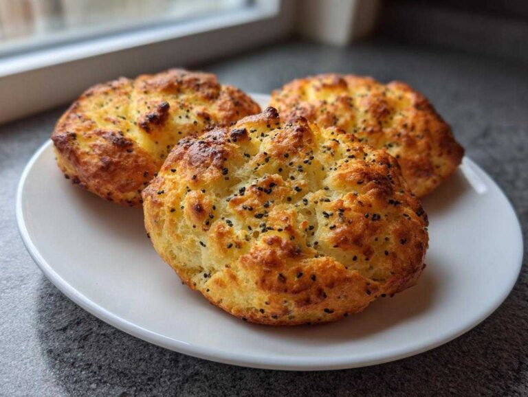 Three golden-brown Keto Everything Bagel Cloud Breads topped with black poppy seeds resting on a white plate.
