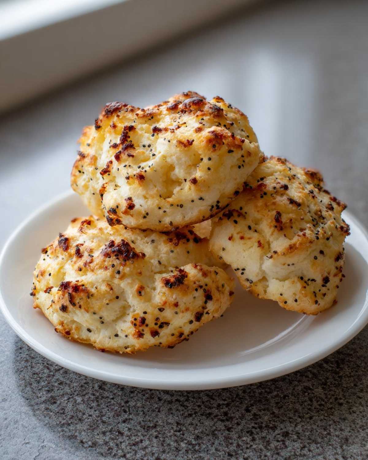 Three golden brown Keto Everything Bagel Cloud Breads topped with poppy seeds, stacked on a small white plate.