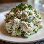 A mound of creamy Keto Lemon Herb Chicken Salad garnished with fresh parsley and sliced almonds on a white plate.