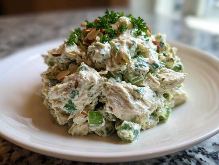 A mound of creamy Keto Lemon Herb Chicken Salad garnished with fresh parsley and sliced almonds on a white plate.