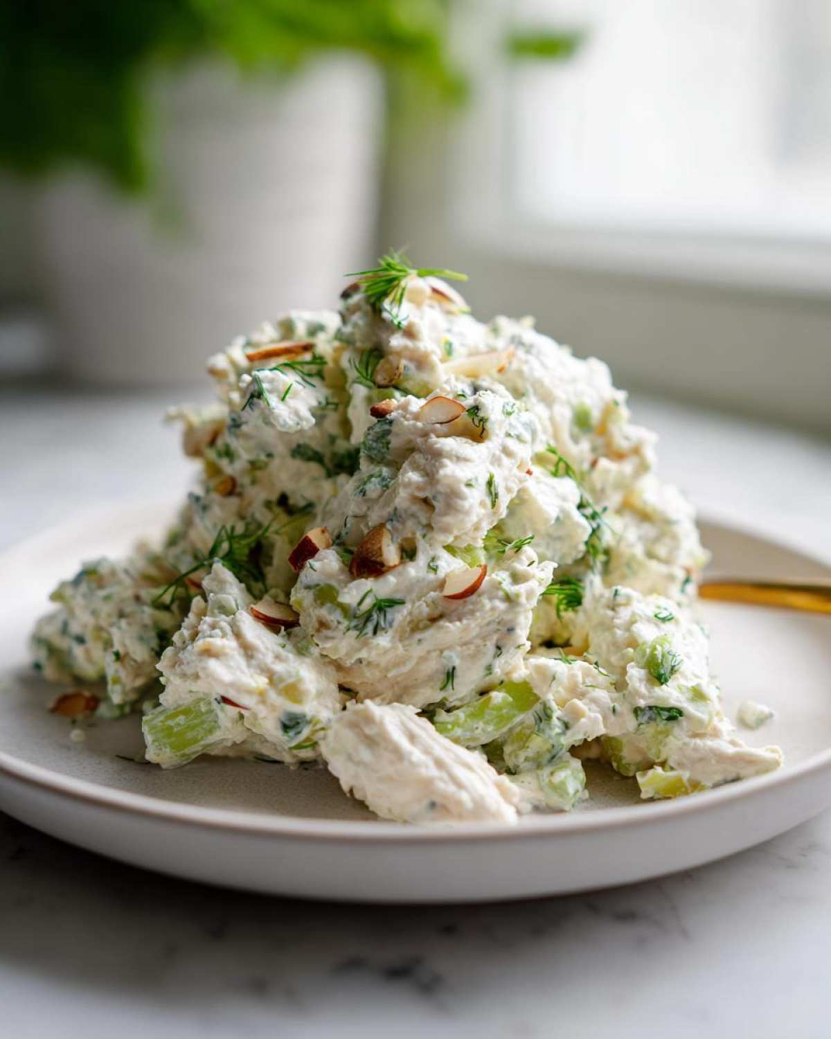 A mound of creamy Keto Lemon Herb Chicken Salad mixed with celery and topped with sliced almonds and fresh dill.
