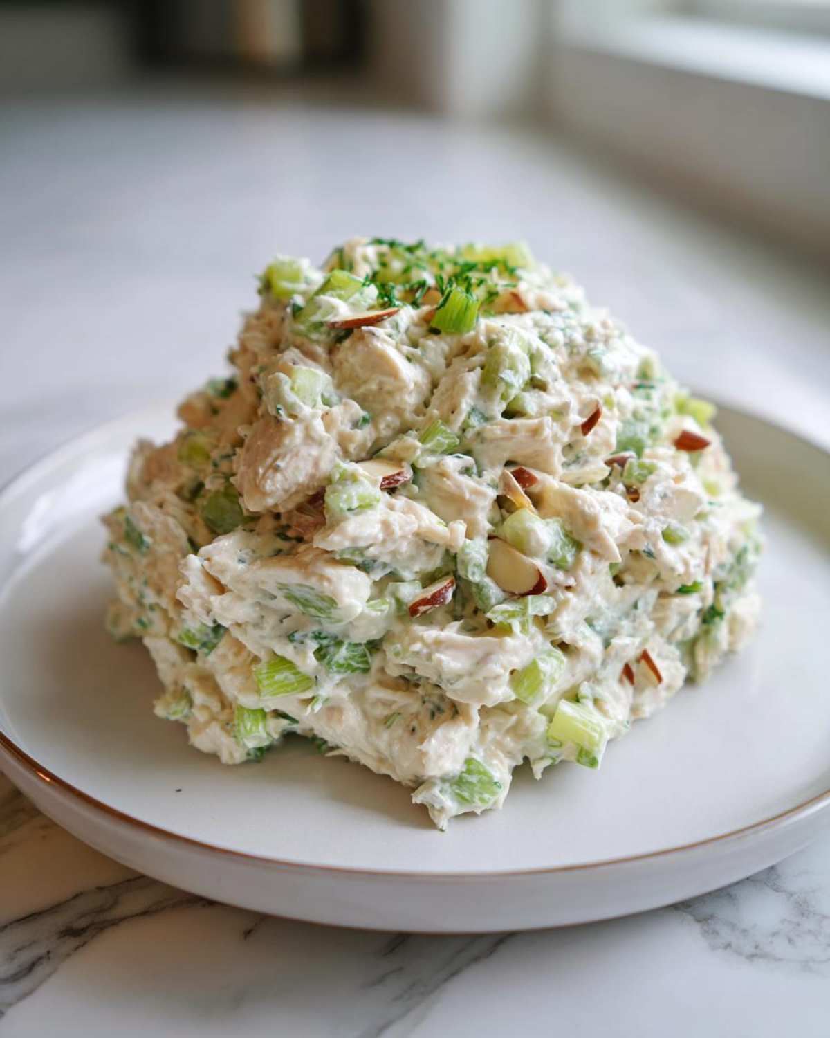 A mound of creamy Keto Lemon Herb Chicken Salad mixed with celery and slivered almonds, garnished with herbs.