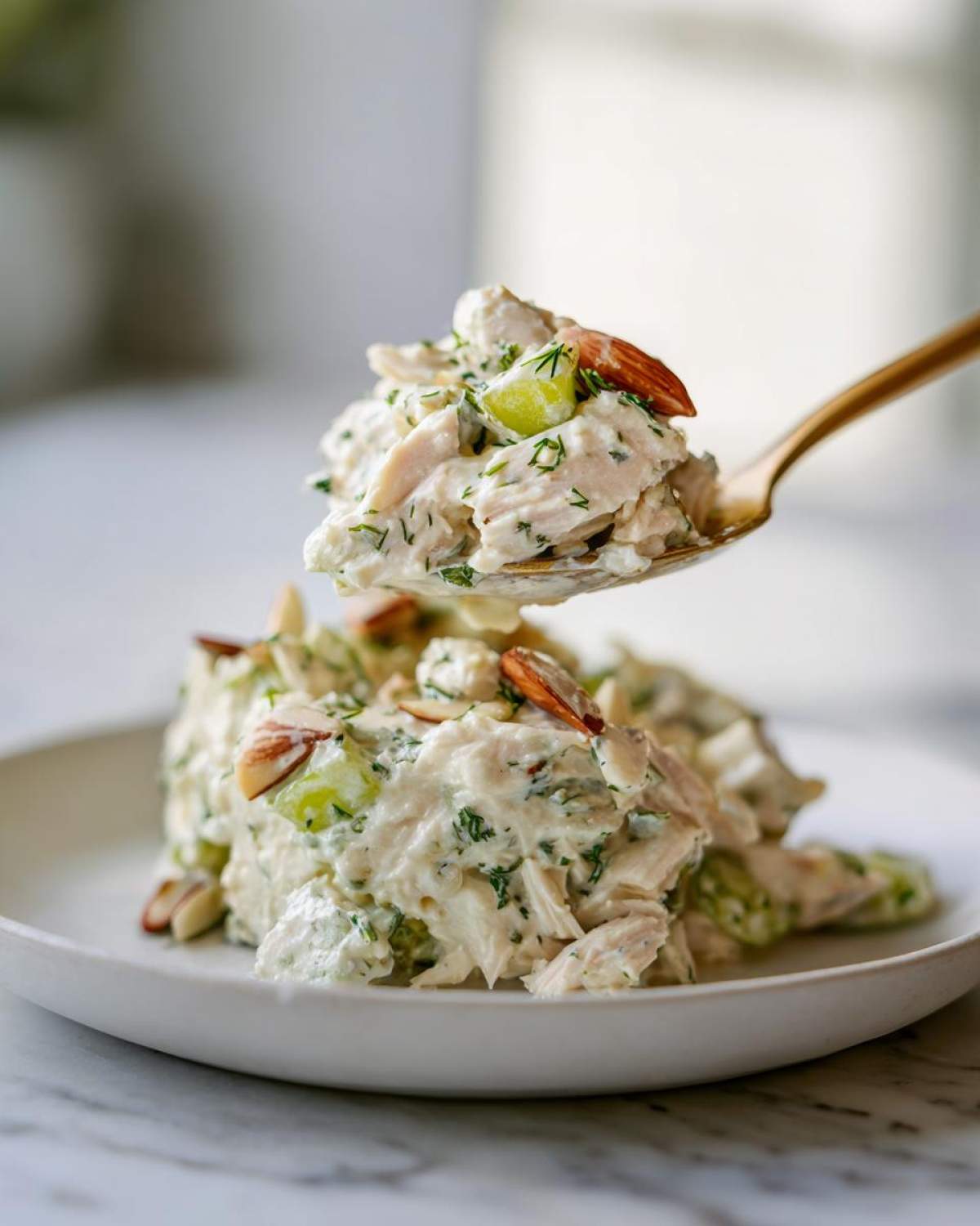 A spoonful of creamy Keto Lemon Herb Chicken Salad topped with sliced almonds being lifted from a serving on a white plate.