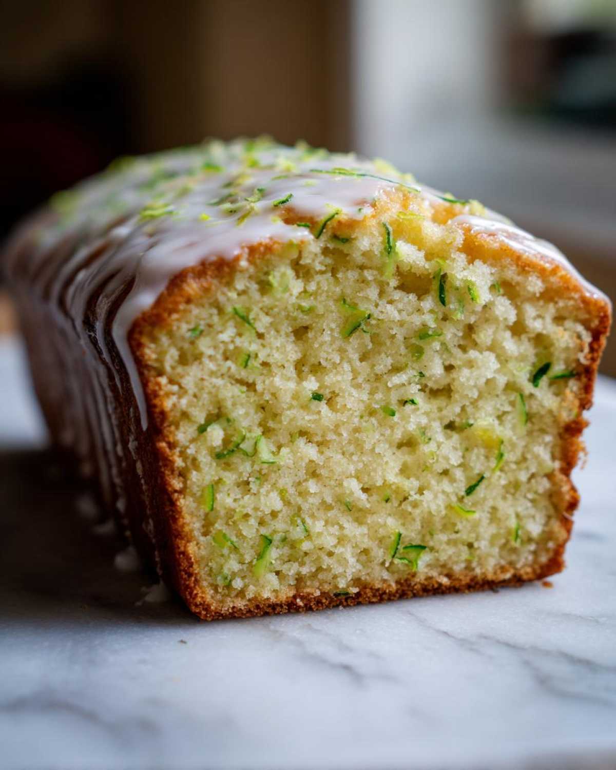 Close-up of a loaf of moist Gluten-Free Lemon Zucchini Bread, topped with a white glaze and lemon zest.