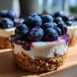 Close-up of a No-Bake Blueberry Cheesecake Oat Cup with a thick graham cracker crust and fresh blueberries on top.