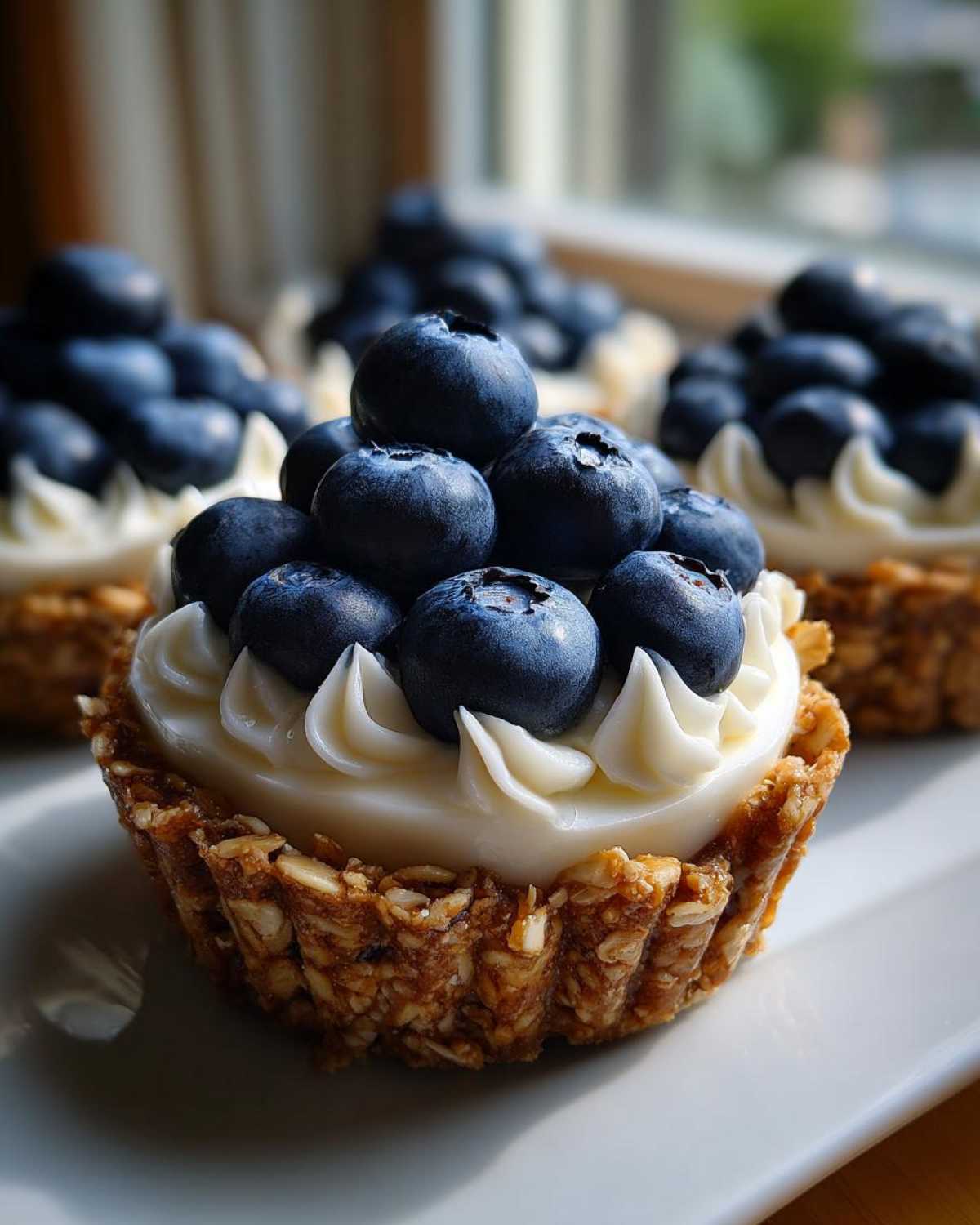 A single No-Bake Blueberry Cheesecake Oat Cup topped with piped cream and fresh blueberries.