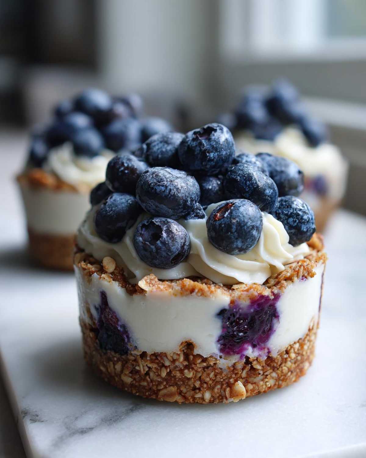 A close-up of a No-Bake Blueberry Cheesecake Oat Cup with a thick oat crust, creamy filling, and topped generously with fresh blueberries.