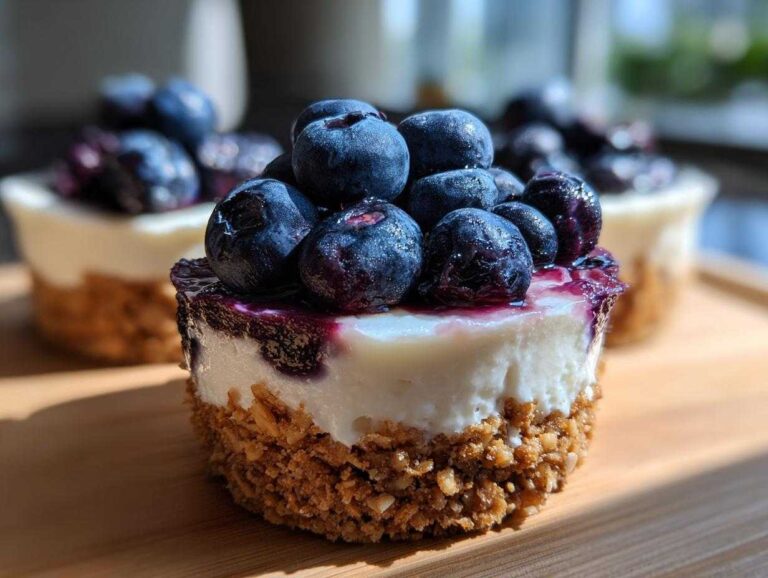 Close-up of a No-Bake Blueberry Cheesecake Oat Cup with a thick graham cracker crust and fresh blueberries on top.