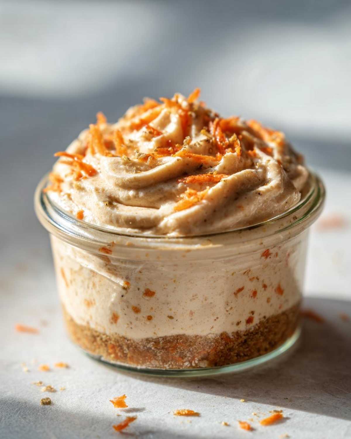 A single serving of No-Bake Carrot Cake Cheesecake Cups in a glass jar with a graham cracker crust and whipped topping.