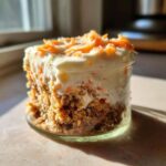 A single serving of No-Bake Carrot Cake Cheesecake Cups layered in a small glass jar, topped with cream cheese frosting and shredded carrots.