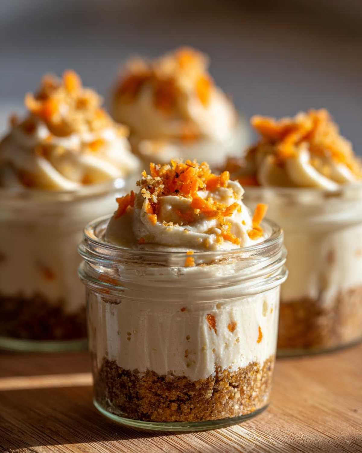A close-up of a single serving of No-Bake Carrot Cake Cheesecake Cups layered in a small glass jar, topped with cream cheese frosting and shredded carrots.