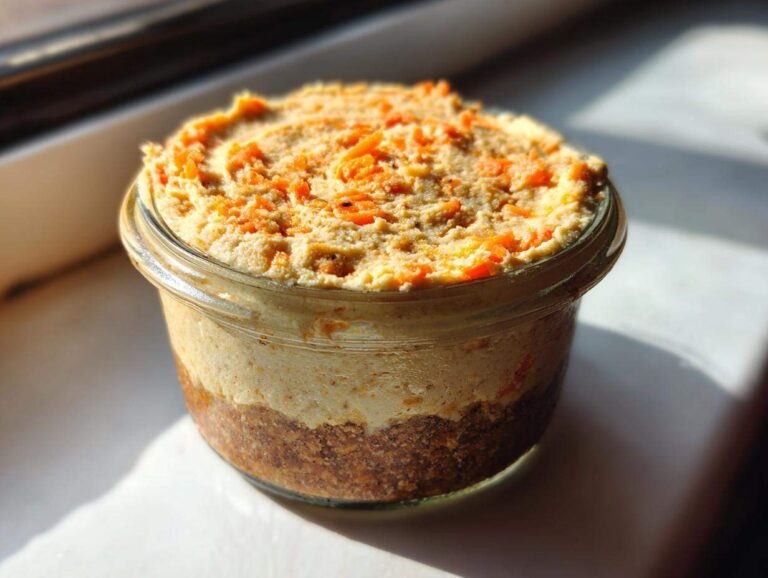 A single serving of No-Bake Carrot Cake Cheesecake Cups layered in a small glass jar, topped with shredded carrots.
