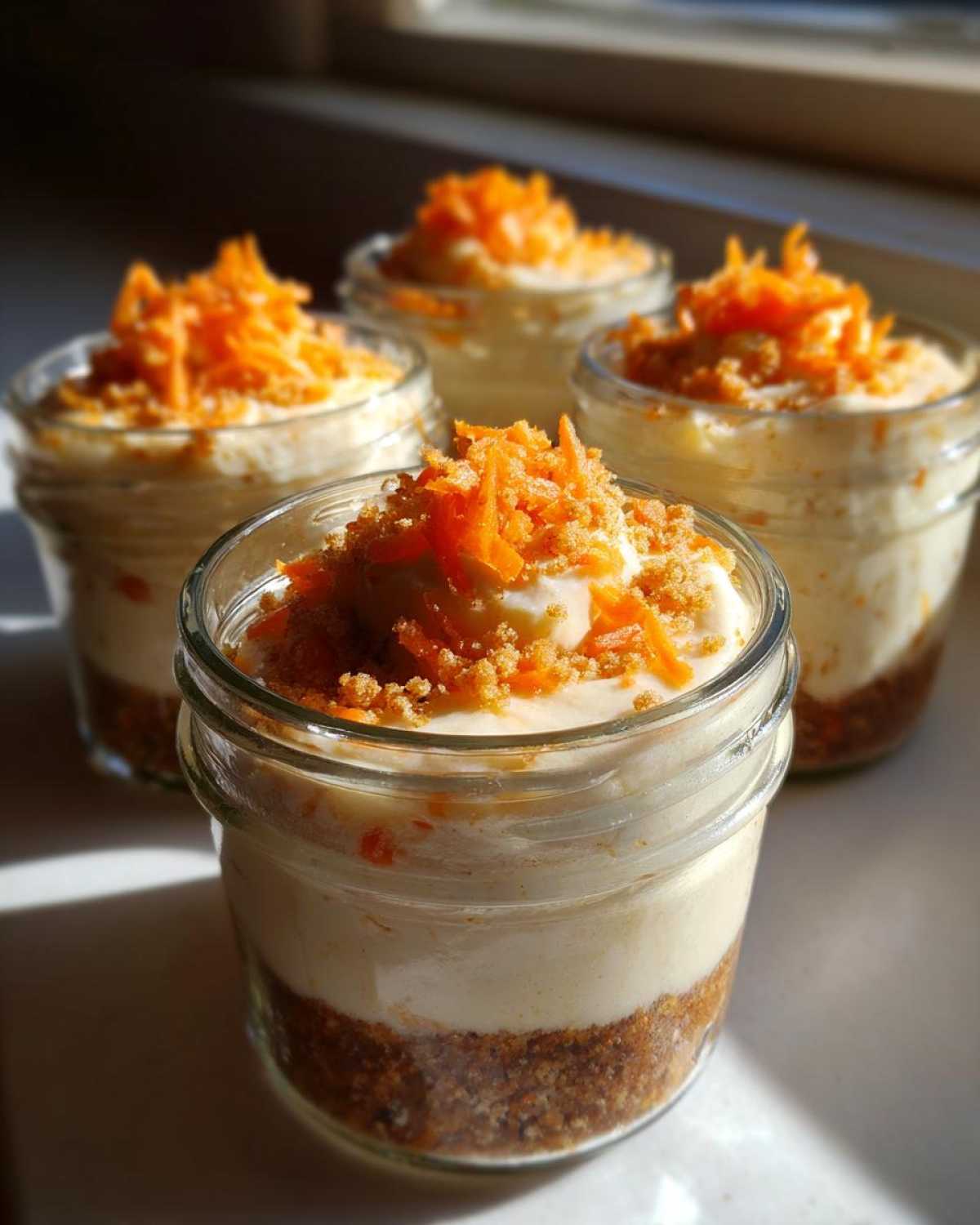Four No-Bake Carrot Cake Cheesecake Cups layered in small glass jars, topped with shredded carrots.