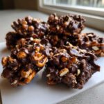 Close-up of several No-Bake Chocolate Covered Pretzel Clusters piled on a white surface.