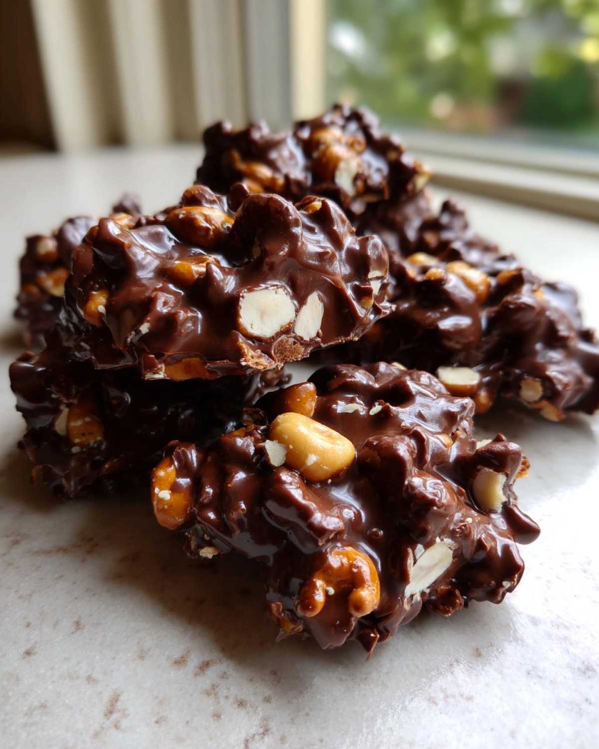 A pile of glossy No-Bake Chocolate Covered Pretzel Clusters studded with peanuts and broken pretzel pieces.
