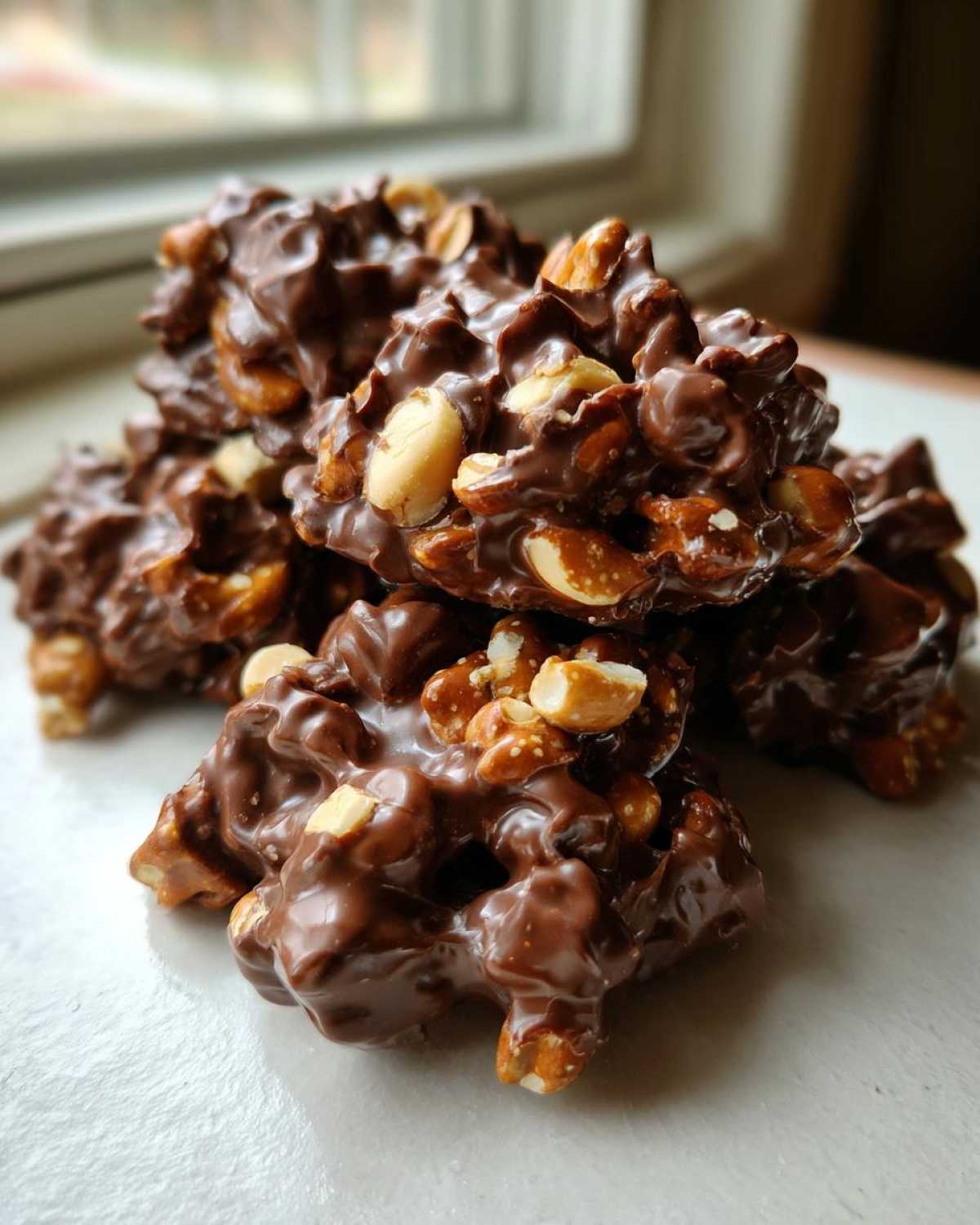 A stack of rich, glossy No-Bake Chocolate Covered Pretzel Clusters studded with peanuts, set against a bright window background.