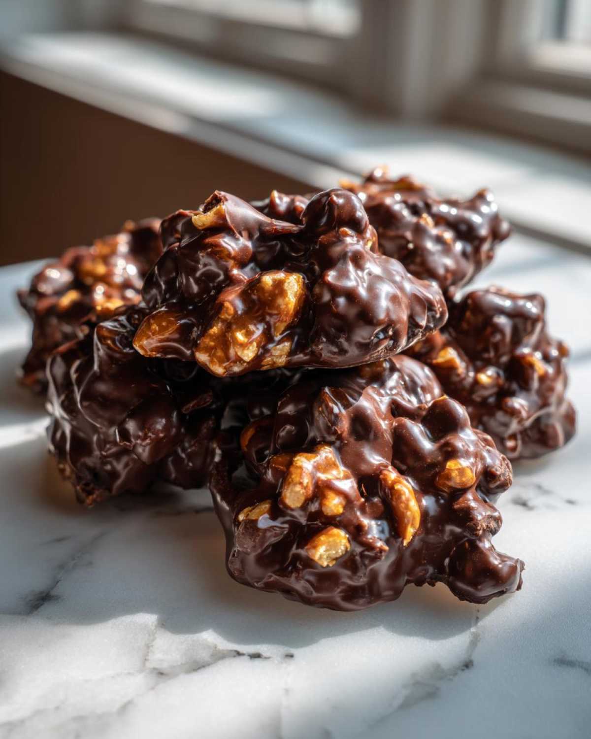 A close-up stack of rich, glossy No-Bake Chocolate Covered Pretzel Clusters resting on a white marble surface.