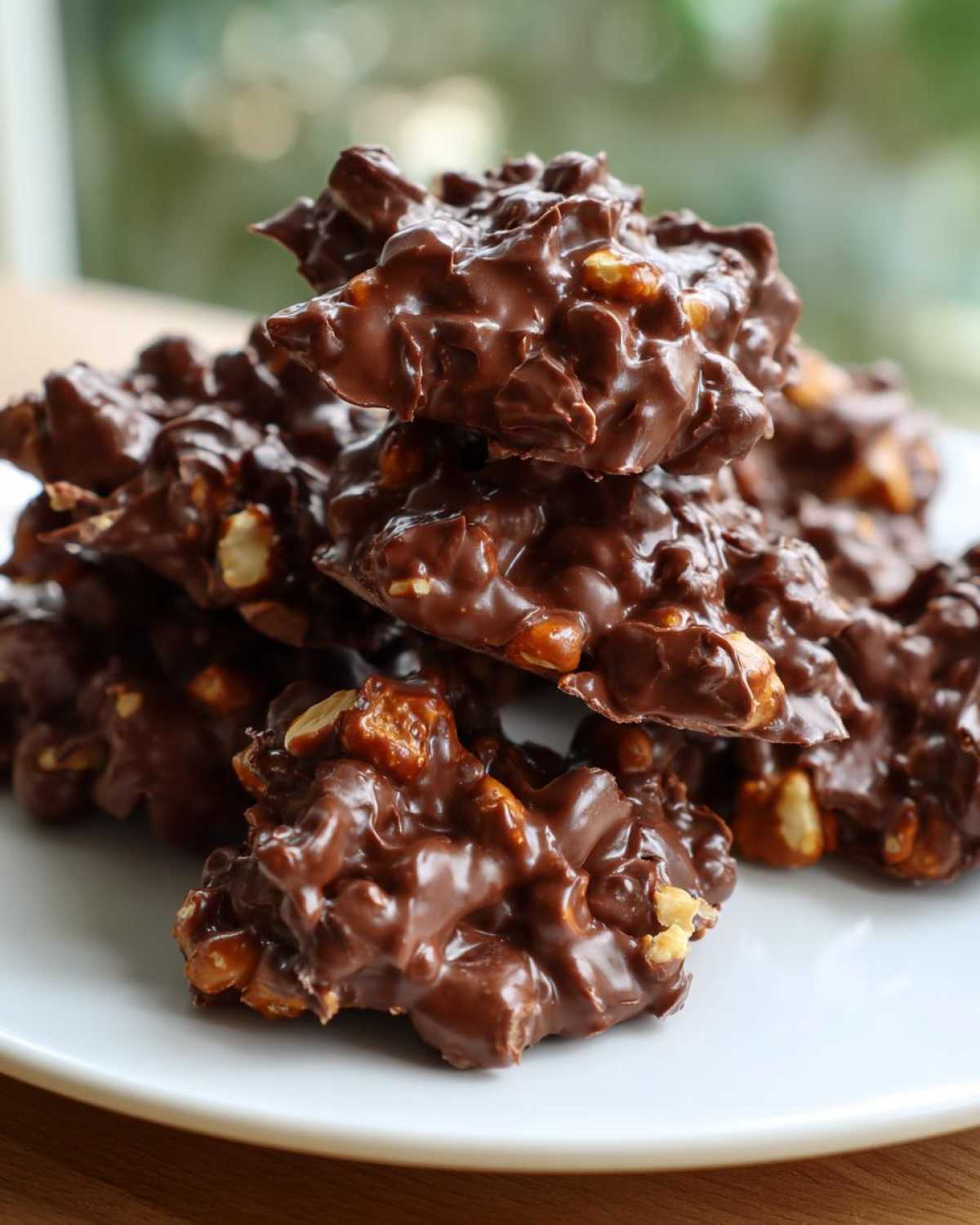 A close-up stack of rich, glossy No-Bake Chocolate Covered Pretzel Clusters piled on a white plate.