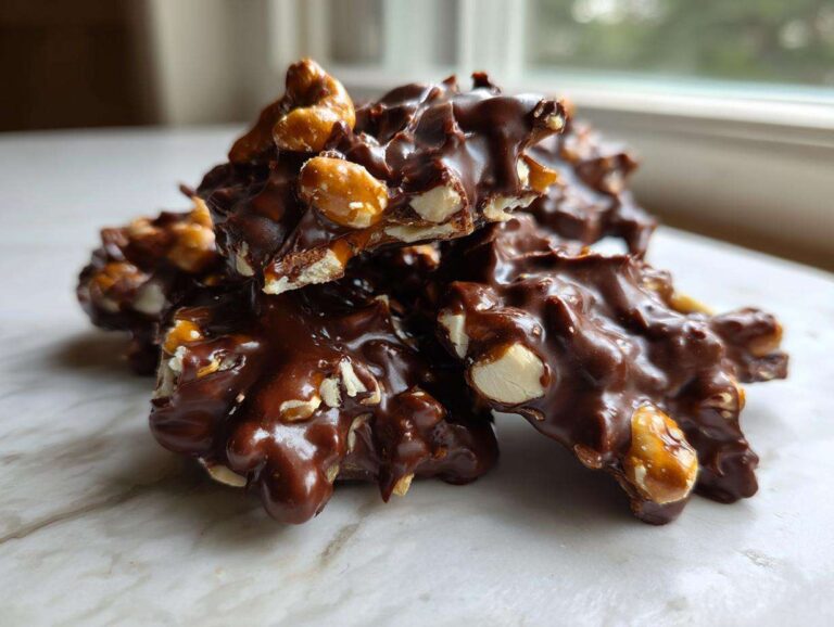 A stack of rich, glossy No-Bake Chocolate Covered Pretzel Clusters featuring visible nuts and pretzel pieces.