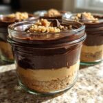 Close-up of layered No-Bake Chocolate Peanut Butter Pie Jars topped with chocolate ganache and crumbs.